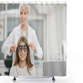 Personality  Frontview Of Young Girl Is Sitting During Vision Checking With Skilled Oculist. Shower Curtains