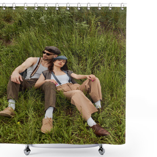 Personality  Trendy Romantic Couple In Vintage Outfits And Newsboy Caps Relaxing Next To Each Other While Sitting On Hill With Green Grass At Summer, Fashionable Couple Surrounded By Nature, Romantic Getaway Shower Curtains