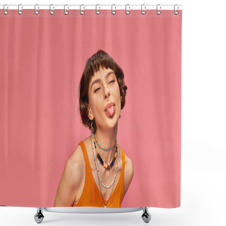 Personality  Cheeky Carefree Girl In 20s With Short Brunette Hair Sticking Tongue Out On Pink Background Shower Curtains