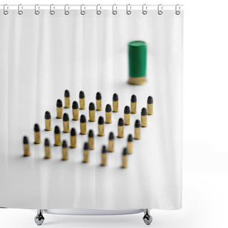 Personality  High Angle View Of Bullets Near Blurred Shotgun Shell On White Background  Shower Curtains