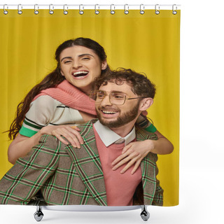 Personality  Funny Students, Cheerful Man Piggybacking Young Woman On Yellow Backdrop, College Outfits, Couple Shower Curtains