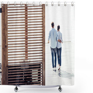 Personality  Rear View Of Stylish Couple Standing On Pier Near Lake At Country House  Shower Curtains
