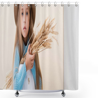 Personality  Fashionable Blonde Girl In Hat, White Skirt And Blue Sweater With Wheat Spikes Sitting On Beige Background, Panoramic Shot Shower Curtains