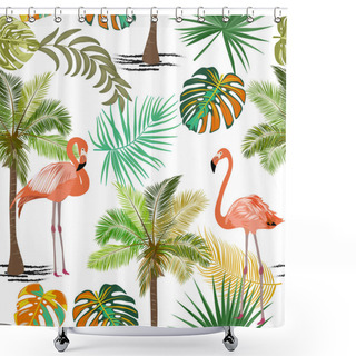 Personality  Vector Tropical Jungle Seamless Pattern With Flamingo, Palm Tree Shower Curtains