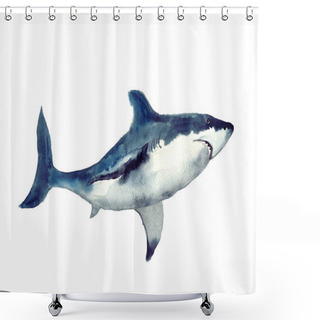 Personality  Watercolor Shark With Starry Sky.Animal Watercolor Silhouette Sketch. Hand Draw Art Illustration.Graphic For Fabric,tee-shirt, Postcard, Greeting Card,logo, Poster, Sticker. Watercolor Drawing Blue Shark Predator Swims In The Depths Of The Ocean.  Shower Curtains