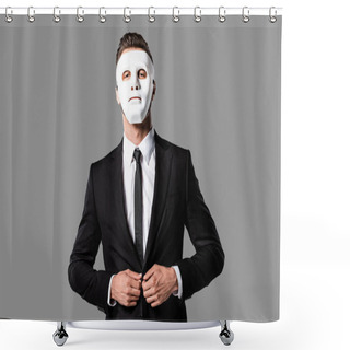 Personality  Confident Handsome Businessman In Black Suit And White Mask Isolated On Grey Shower Curtains