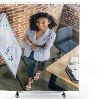Personality  Smiling African American Casual Businesswoman With Crossed Arms Near Flipchart In Loft Office Shower Curtains