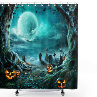 Personality  Jack 'O Lantern In Cemetery In Spooky Night With Full Moon - Halloween Shower Curtains