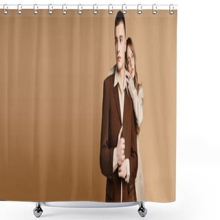 Personality  Young Man In Debonair Suit Posing Next To His Beautiful Girlfriend Who Looking At Camera, Banner Shower Curtains
