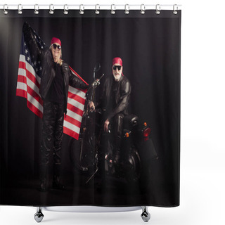 Personality  Full Size Photo Of Two People Retired Pensioner Man Woman Sit Motor Bike Hold Use Flag Enjoy Citizen Independence Day Adventure Wear Leather Jacket Sunglass Isolated Black Color Background Shower Curtains