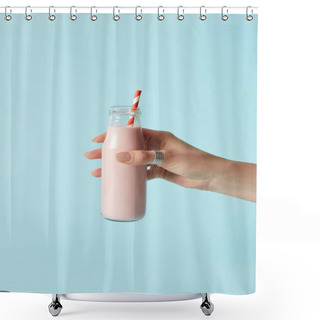 Personality  Cropped Image Of Woman Holding Strawberry Milkshake In Bottle With Drinking Straw On Blue Background  Shower Curtains