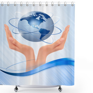 Personality  Background With Hands Holding Globe Vector Shower Curtains