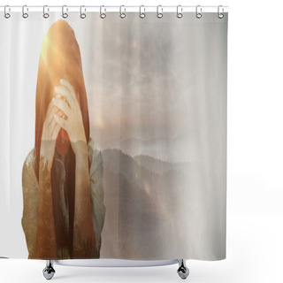 Personality  Composite Image Of Troubled Woman Crying Shower Curtains