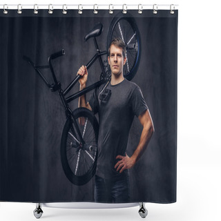 Personality  Handsome Smiling Man In T-shirt And Jeans Holding BMX Bicycle On His Shoulder On A Dark Background. Shower Curtains