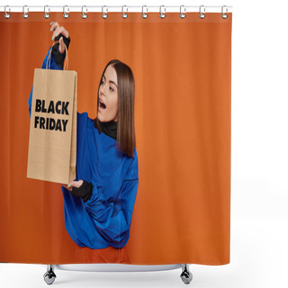 Personality  Amazed Young Woman In Autumn Attire Looking At Shopping Bag With Black Friday Letters On Orange Shower Curtains