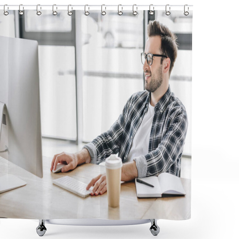 Personality  Smiling Young Man In Eyeglasses Using Desktop Computer At Workplace Shower Curtains