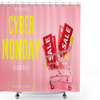 Personality  Red Labels With Sale In Small Shopping Trolley Near Special Offer, Cyber Monday Lettering On Pink Shower Curtains
