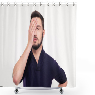 Personality  Disappointed Stressed Bearded Young Man  With Closed Eyes Shower Curtains