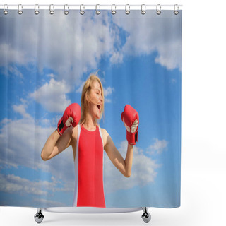 Personality  Woman Strong Boxing Gloves Raise Hands Blue Sky Background. Girl Boxing Gloves Symbol Struggle For Female Rights And Liberties. Feminism Promotion. Fight For Female Rights. Girls Power Concept Shower Curtains