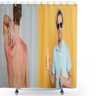 Personality  Collage Of Sunburnt Man With Red Skin On Back On Grey Background And Man Showing Bottle Of Sunscreen And Like Sign On Yellow Background, Panoramic Shot Shower Curtains