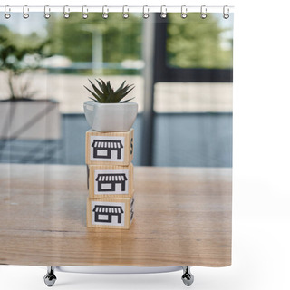 Personality  A Flourishing Potted Plant Gracefully Rests On A Rustic Wooden Block, Creating A Harmonious And Natural Atmosphere In A Modern Office Setting. Shower Curtains