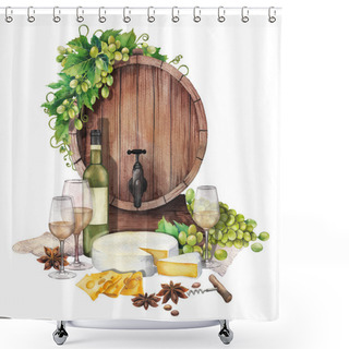 Personality  Watercolor Barrel With Wine Glasses And Bottle, Cheese And Grapes Shower Curtains
