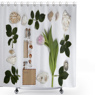 Personality  Frame From The Leaves Of Roses And Shells On White Background. Memory Of Summer Shower Curtains