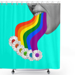 Personality  Contemporary Art Collage. Young Girl And Rainbow Isolated Over Blue Background. Shower Curtains