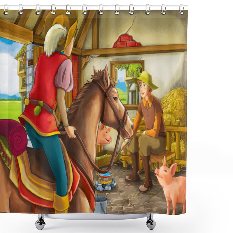 Personality  Cartoon Scene With Prince Or King And Farmer Rancher In The Barn Pigsty Illustration For Children Shower Curtains