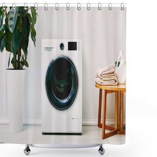 Personality  Green Plant Near Washing Machine, Wooden Coffee Table With Towels And Detergent Bottle In Bathroom  Shower Curtains