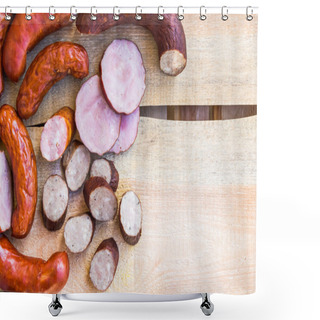 Personality  Smoked Meat Wooden Table Empty Space Text Shower Curtains