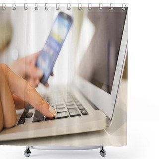 Personality  Woman Hands With Smart Phone And Computer Keyboard Shower Curtains
