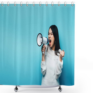 Personality  Angry Brunette Asian Woman Screaming In Loudspeaker On Blue Background Shower Curtains