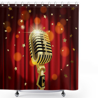 Personality  Gold Old Microphone Against The Illuminated Red Curtain Background With Rain Of Stars Shower Curtains