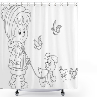 Personality  Girl Walking With Her Dog Shower Curtains