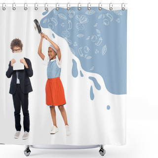 Personality  African American Child Pretending Housewife And Holding Frying Pan Near Boy In Suit Covering Face With Digital Tablet Near Food Illustration On White  Shower Curtains