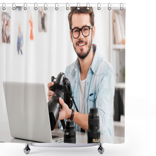 Personality  Happy Young Man Holding Camera Shower Curtains