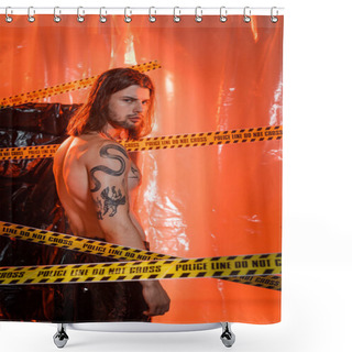 Personality  Shirtless Tattooed Model Looking At Camera Near Police Line And Cellophane At Background  Shower Curtains