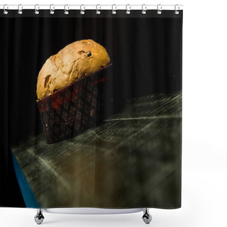 Personality  The Typical Italian Christmas Sweet Panettone On Black Wood Background Shower Curtains
