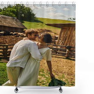 Personality  Rustic Wedding In Boho Style, Interracial Asian Bride Embracing Groom Near Livestock In Farm Shower Curtains