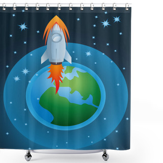 Personality  Rocket Going Out Of Atmosphere And Earth Globe Vector Shower Curtains