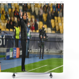 Personality  KYIV, UKRAINE - OCTOBER 27, 2020: Coach Simone Inzaghi. The UEFA Champions League Match Shakhtar Donetsk Vs Inter Milan At NSC Olimpiyskyi Stadium In Kyiv Shower Curtains