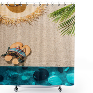 Personality  Top View Of Stylish Flip Flops And Straw Hat On Sandy Beach Shower Curtains