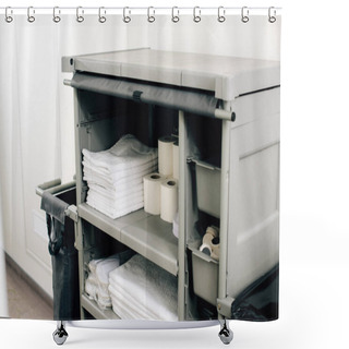 Personality  Close-up Shot Of Housekeeping Cart With Clean Towels At Hotel Shower Curtains