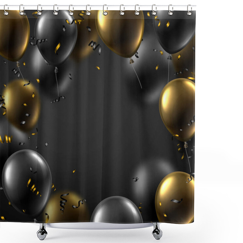 Personality  Festive Card With Black And Golden Shiny Balloons And Serpentine. Holiday Decoration. Vector Background Shower Curtains