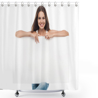 Personality  Beautiful Woman Holding A Blank Billboard Shower Curtains