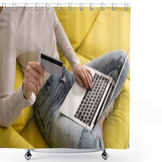 Personality  Cropped View Of Woman Holding Credit Card And Using Laptop On Couch Shower Curtains