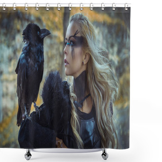 Personality  Beautiful Black Crow, Viking Blonde Woman With Shield And Sword, Braids In Her Hair. Shower Curtains