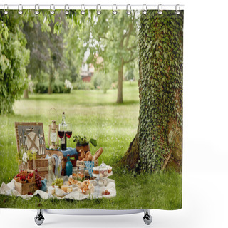 Personality  Outdoors Lifestyle Picnic In A Lush Green Park With A Tasty Selection Of Fresh Fruit, Bread, Pickles, Cake, Wraps, Wine And Infused Water In A Hamper On Grass Shower Curtains