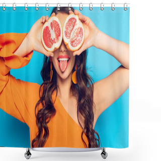 Personality  Cheerful Girl Covering Eyes With Pineapple Halves And Sticking Out Tongue On Blue Background Shower Curtains